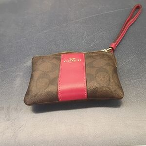 Coach Brown Signature Wristlet with Pink Stripe